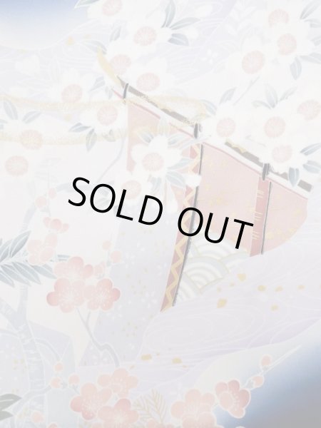 Photo11: L0727Z Used Japanese women Vivid Blue FURISODE long-sleeved / Silk. Peony, Screen, Shell tub pattern  (Grade C) (11)