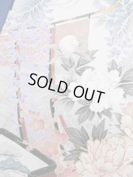 Photo12: L0727Z Used Japanese women Vivid Blue FURISODE long-sleeved / Silk. Peony, Screen, Shell tub pattern  (Grade C) (12)