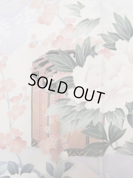 Photo13: L0727Z Used Japanese women Vivid Blue FURISODE long-sleeved / Silk. Peony, Screen, Shell tub pattern  (Grade C) (13)