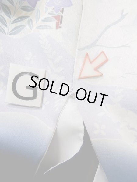 Photo31: L0727Z Used Japanese women Vivid Blue FURISODE long-sleeved / Silk. Peony, Screen, Shell tub pattern  (Grade C) (31)