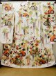 Photo1: L0728A Used Japanese women  Off White FURISODE long-sleeved / Silk. Peony,   (Grade C) (1)