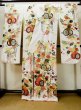 Photo3: L0728A Used Japanese women  Off White FURISODE long-sleeved / Silk. Peony,   (Grade C) (3)