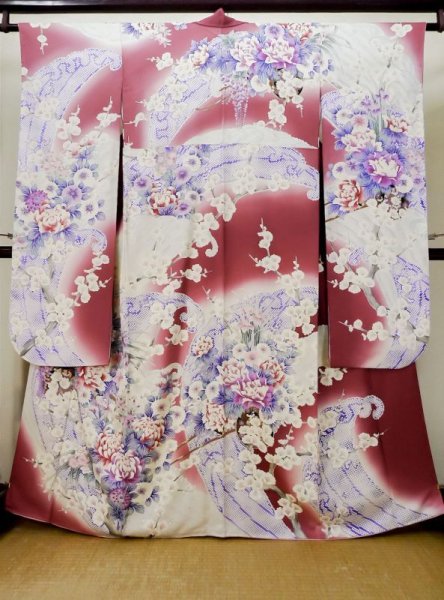 Photo1: L0728B Used Japanese women Pale Red FURISODE long-sleeved / Silk. Peony, Flower cart pattern  (Grade B) (1)