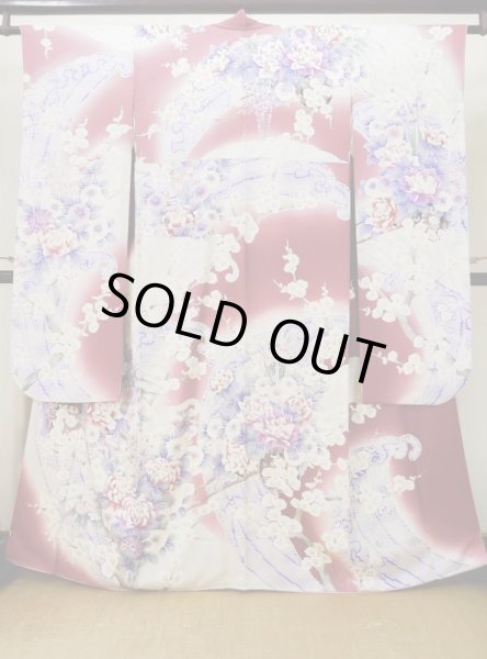 Photo1: L0728B Used Japanese women Pale Red FURISODE long-sleeved / Silk. Peony, Flower cart pattern  (Grade B) (1)