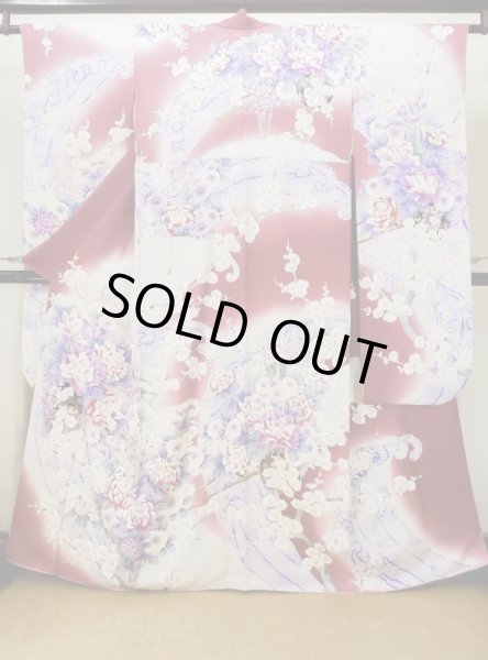 Photo2: L0728B Used Japanese women Pale Red FURISODE long-sleeved / Silk. Peony, Flower cart pattern  (Grade B) (2)
