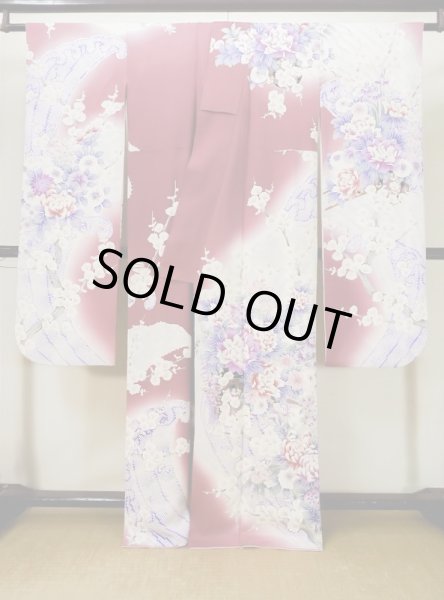Photo3: L0728B Used Japanese women Pale Red FURISODE long-sleeved / Silk. Peony, Flower cart pattern  (Grade B) (3)