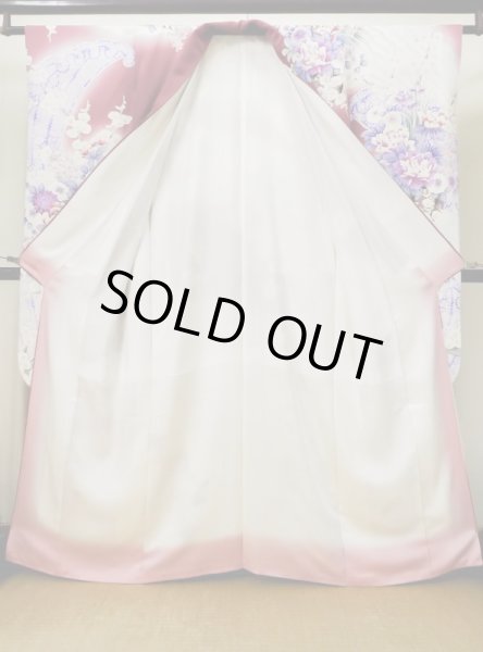 Photo4: L0728B Used Japanese women Pale Red FURISODE long-sleeved / Silk. Peony, Flower cart pattern  (Grade B) (4)