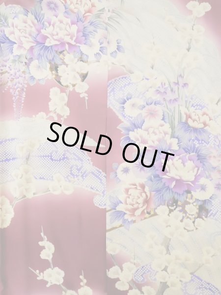 Photo5: L0728B Used Japanese women Pale Red FURISODE long-sleeved / Silk. Peony, Flower cart pattern  (Grade B) (5)