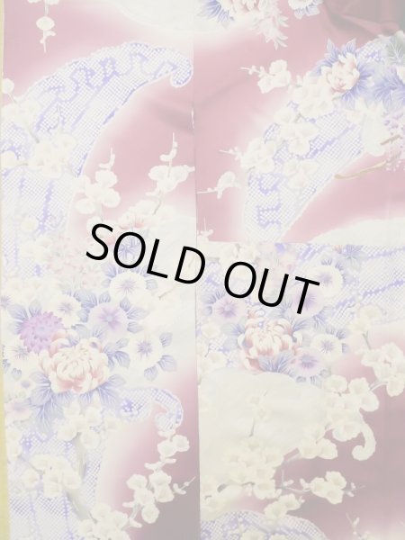 Photo6: L0728B Used Japanese women Pale Red FURISODE long-sleeved / Silk. Peony, Flower cart pattern  (Grade B) (6)