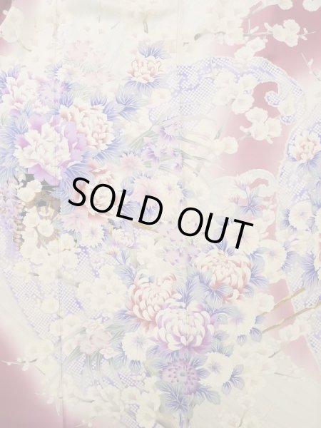 Photo7: L0728B Used Japanese women Pale Red FURISODE long-sleeved / Silk. Peony, Flower cart pattern  (Grade B) (7)