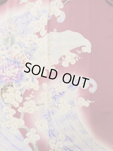 Photo8: L0728B Used Japanese women Pale Red FURISODE long-sleeved / Silk. Peony, Flower cart pattern  (Grade B) (8)