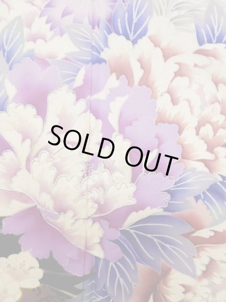 Photo9: L0728B Used Japanese women Pale Red FURISODE long-sleeved / Silk. Peony, Flower cart pattern  (Grade B) (9)