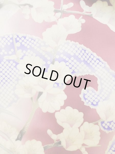 Photo12: L0728B Used Japanese women Pale Red FURISODE long-sleeved / Silk. Peony, Flower cart pattern  (Grade B) (12)