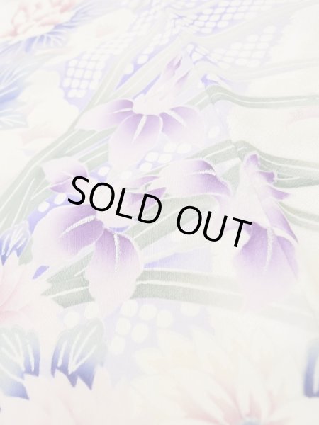 Photo13: L0728B Used Japanese women Pale Red FURISODE long-sleeved / Silk. Peony, Flower cart pattern  (Grade B) (13)