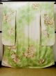 Photo1: L0728C Used Japanese women Light Yellowish Green FURISODE long-sleeved / Silk. Peony   (Grade B) (1)