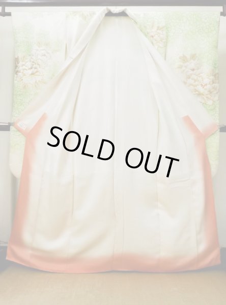 Photo5: L0728C Used Japanese women Light Yellowish Green FURISODE long-sleeved / Silk. Peony   (Grade B) (5)