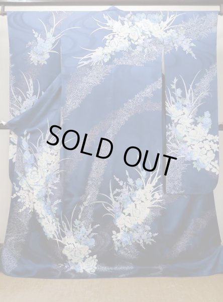 Photo2: L0728D Used Japanese women Vivid Blue FURISODE long-sleeved / Silk. Flower,   (Grade A) (2)