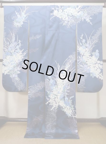 Photo3: L0728D Used Japanese women Vivid Blue FURISODE long-sleeved / Silk. Flower,   (Grade A) (3)