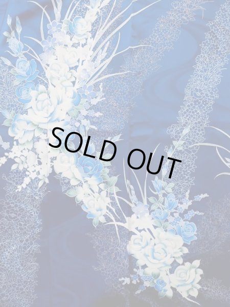 Photo7: L0728D Used Japanese women Vivid Blue FURISODE long-sleeved / Silk. Flower,   (Grade A) (7)