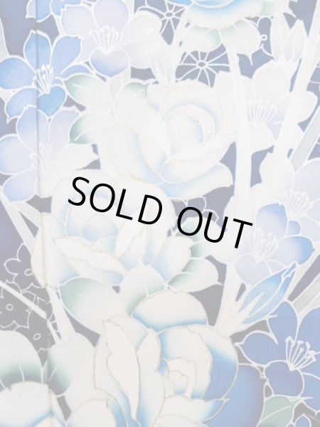 Photo10: L0728D Used Japanese women Vivid Blue FURISODE long-sleeved / Silk. Flower,   (Grade A) (10)
