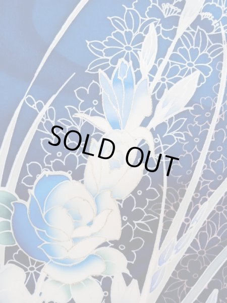 Photo11: L0728D Used Japanese women Vivid Blue FURISODE long-sleeved / Silk. Flower,   (Grade A) (11)