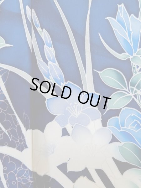 Photo13: L0728D Used Japanese women Vivid Blue FURISODE long-sleeved / Silk. Flower,   (Grade A) (13)