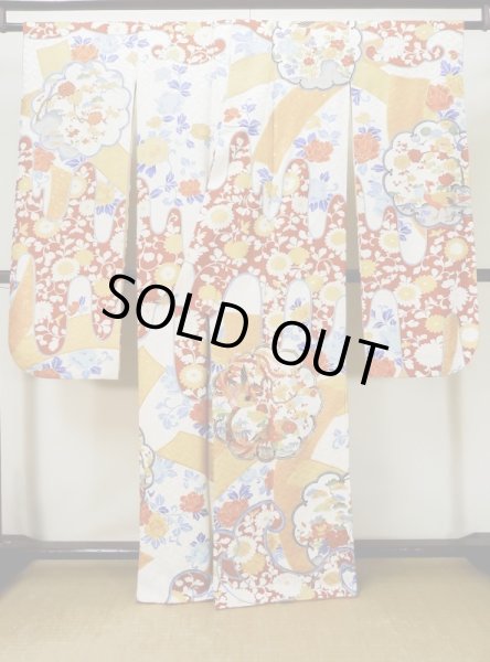 Photo3: L0728F Used Japanese women  Off White FURISODE long-sleeved / Silk. SAKURA cherry blossom,   (Grade B) (3)