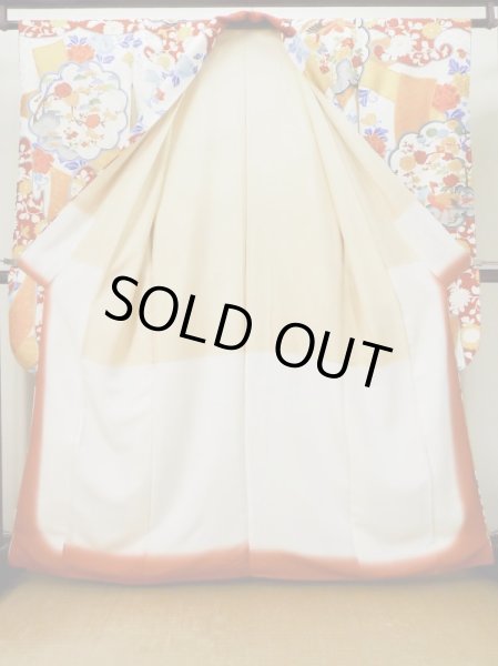 Photo4: L0728F Used Japanese women  Off White FURISODE long-sleeved / Silk. SAKURA cherry blossom,   (Grade B) (4)