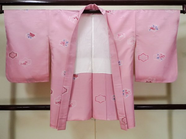 Photo1: Mint L0803B Used Japanese women  Pink HAORI short jacket / Synthetic. Flower,   (Grade A+) (1)