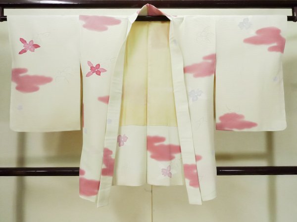 Photo1: L0803K Used Japanese women  Off White HAORI short jacket / Silk. Flower,   (Grade C) (1)