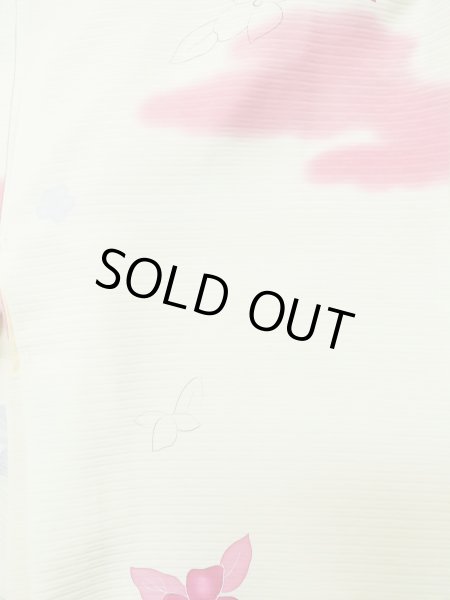 Photo3: L0803K Used Japanese women  Off White HAORI short jacket / Silk. Flower,   (Grade C) (3)