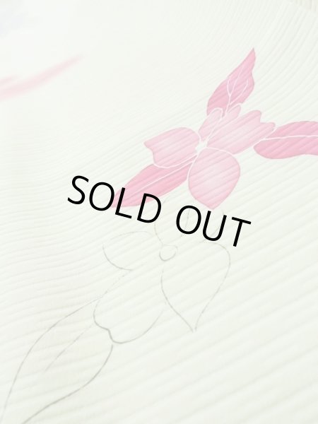 Photo9: L0803K Used Japanese women  Off White HAORI short jacket / Silk. Flower,   (Grade C) (9)