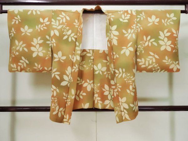 Photo1: L0803L Used Japanese womenPale Brownish Orange HAORI short jacket / Silk. Leaf,   (Grade B) (1)