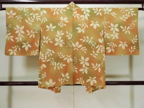Photo2: L0803L Used Japanese womenPale Brownish Orange HAORI short jacket / Silk. Leaf,   (Grade B) (2)