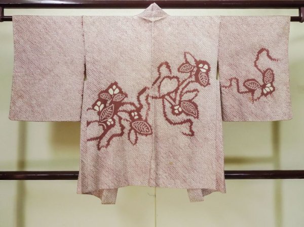 Photo2: L0803P Used Japanese women  Dark Red HAORI short jacket / Silk. Flower,   (Grade C) (2)