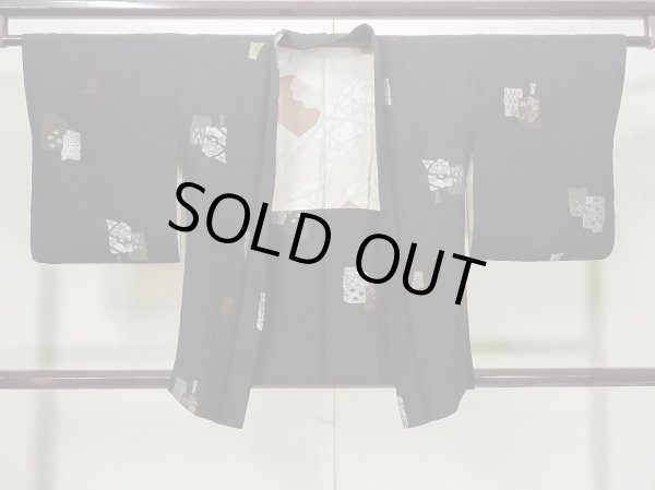 Photo1: L0803U Used Japanese women  Black HAORI short jacket / Silk. Flower,   (Grade B) (1)