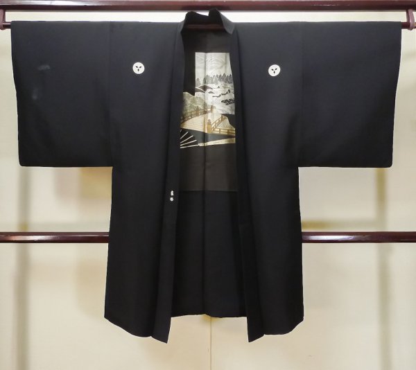 Photo1: L0824B Used Japanese men  Black Men's Haori / Silk.    (Grade D) (1)