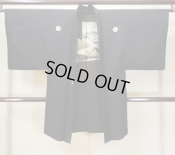 Photo2: L0824B Used Japanese men  Black Men's Haori / Silk.    (Grade D) (2)