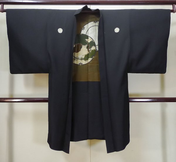 Photo1: L0824E Used Japanese men  Black Men's Haori / Silk.    (Grade C) (1)