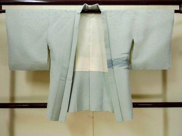 Photo1: L0907Q Used Japanese women Pale Light Blue HAORI short jacket / Silk. Abstract pattern   (Grade C) (1)