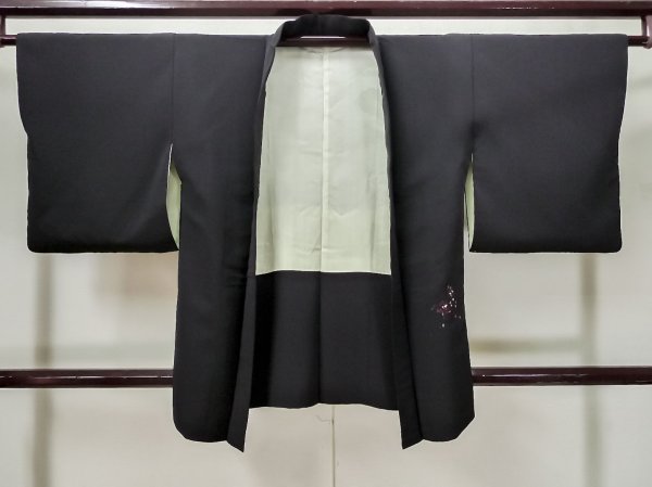 Photo1: Mint L0907S Used Japanese women  Black HAORI short jacket / Silk. Tree,   (Grade A) (1)