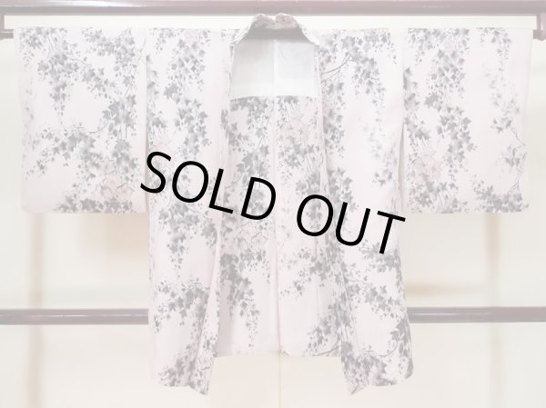Photo1: L0908B Used Japanese women Pale Pink HAORI short jacket / Silk. KIKYO Japanese balloonflower,   (Grade C) (1)