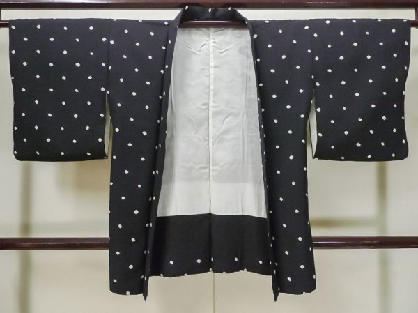 Photo1: L0914H Used Japanese women  Black HAORI short jacket / Synthetic. Dot   (Grade A) (1)