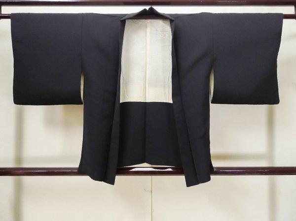 Photo1: L0914O Used Japanese women  Black HAORI short jacket / Synthetic. Flower   (Grade C) (1)
