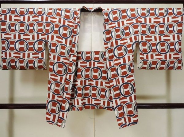 Photo1: L0914V Used Japanese women  Red HAORI short jacket / Silk. Circle,   (Grade C) (1)