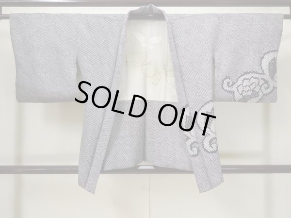 Photo1: L0915B Used Japanese women  Black HAORI short jacket / Silk. Flower,   (Grade B) (1)