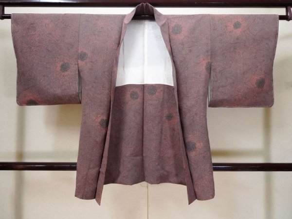 Photo1: L0921D Used Japanese women  Gray HAORI short jacket / Silk. Rose   (Grade C) (1)