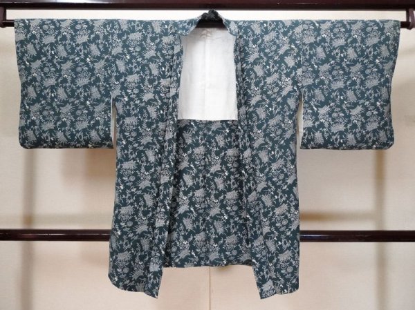 Photo1: L0921E Used Japanese women Pale Blue HAORI short jacket / Silk. Flower,   (Grade B) (1)