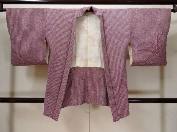 Photo1: L0921I Used Japanese womenPale Dark Purple HAORI short jacket / Silk. Flower,   (Grade C) (1)