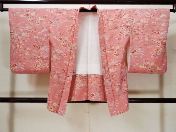Photo1: L0921J Used Japanese women  Pink HAORI short jacket / Synthetic. Flower,   (Grade B) (1)